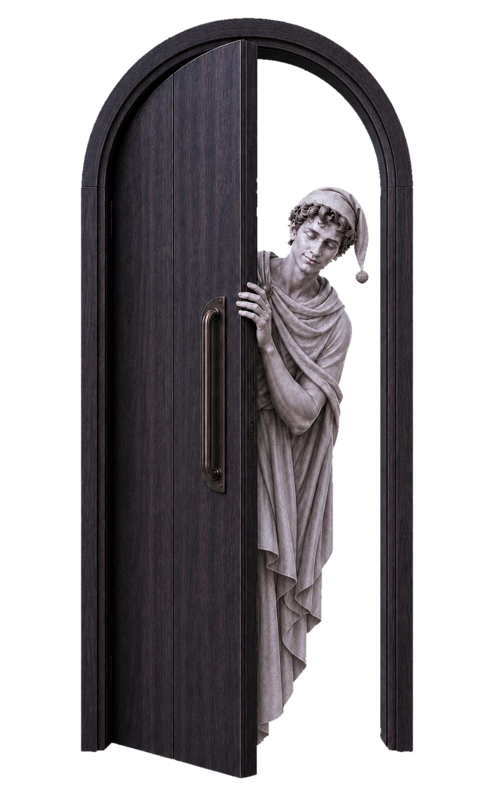 A peacefully sleepy Hermes in a nightcap peeking from behind a dark walnut door