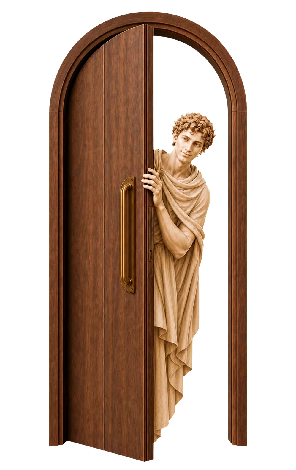 A youthful sculptural Hermes peeking from behind an arched walnut door