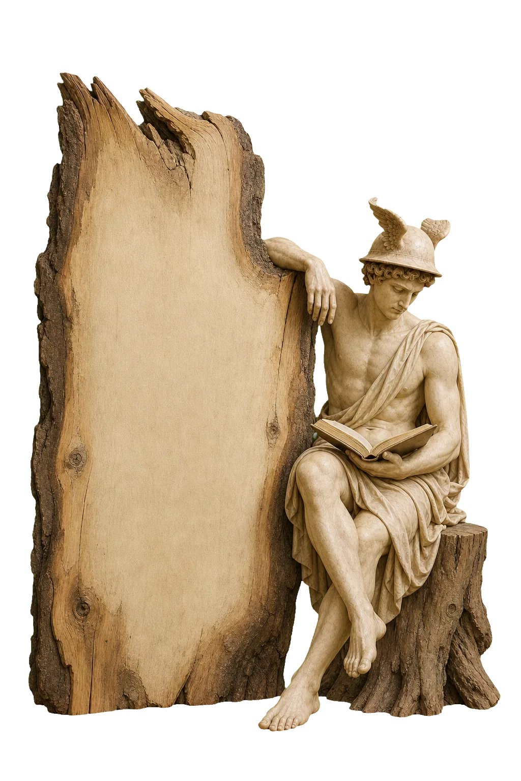 Hermes reading beside a reclaimed wood reader record