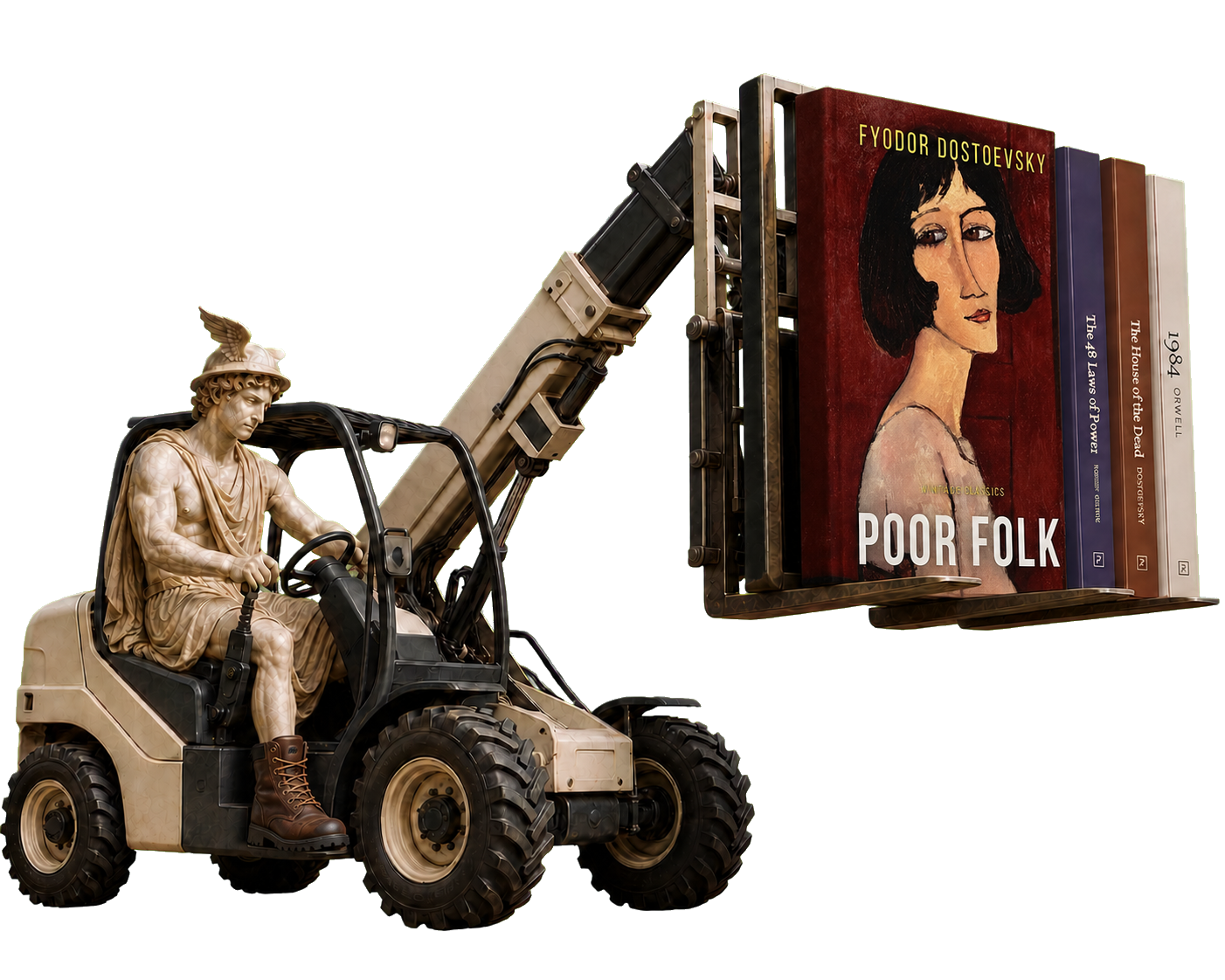 Hermes in construction boots operating a modern telehandler loaded with Poor Folk, The 48 Laws of Power, The House of the Dead and 1984